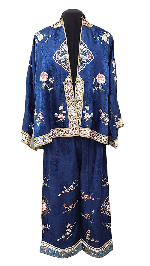 Blue silk pants and shirt with elaborate embroidery