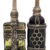 glass bottles with metal decoration